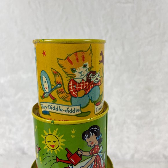 Rare Vintage Chad valley WEE-Kin Baby Toy Stacking Tins Nursery Rhymes set of 4 - Picture 4 of 16